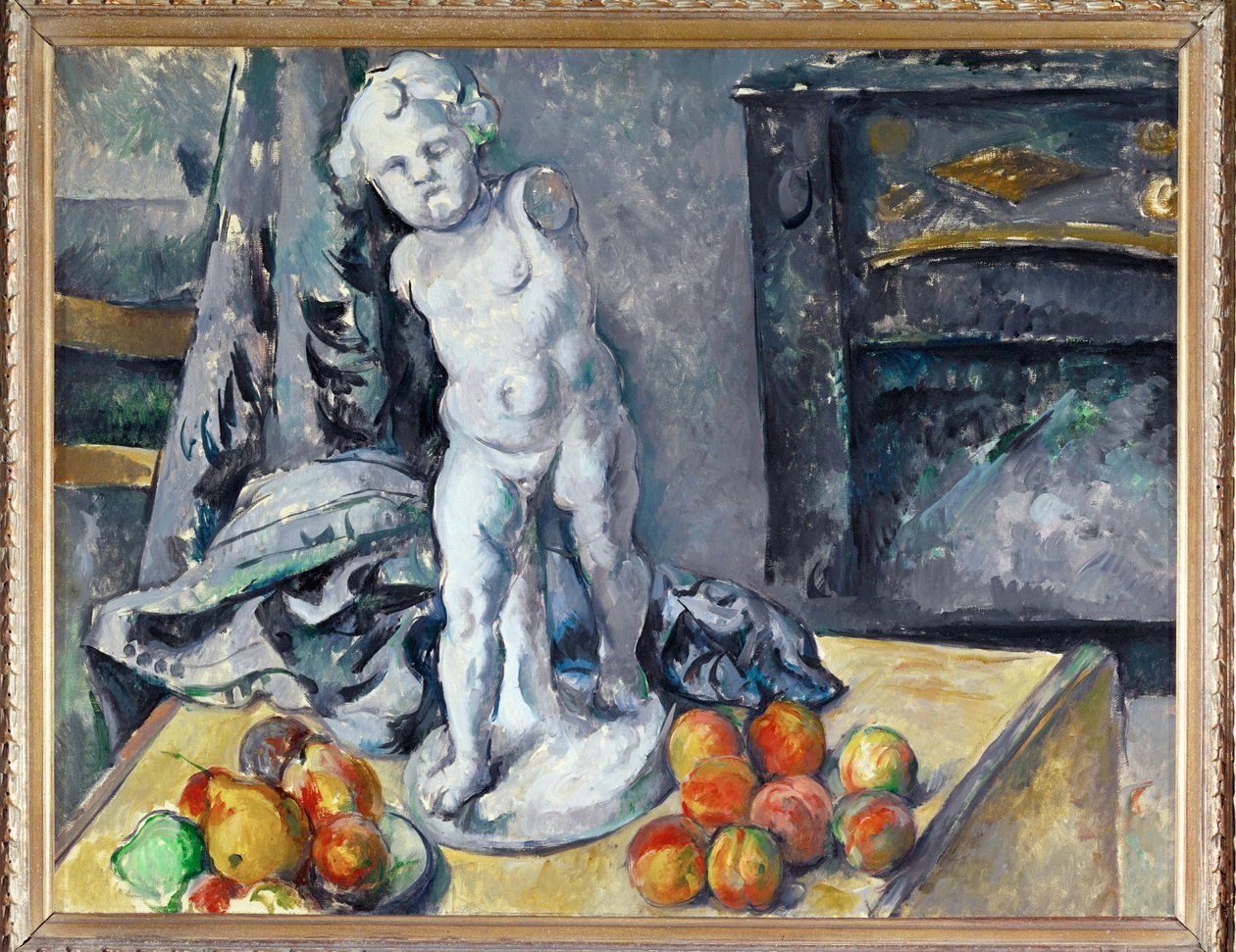 Stilleven met beeldje (olieverf op doek) door Paul Cezanne