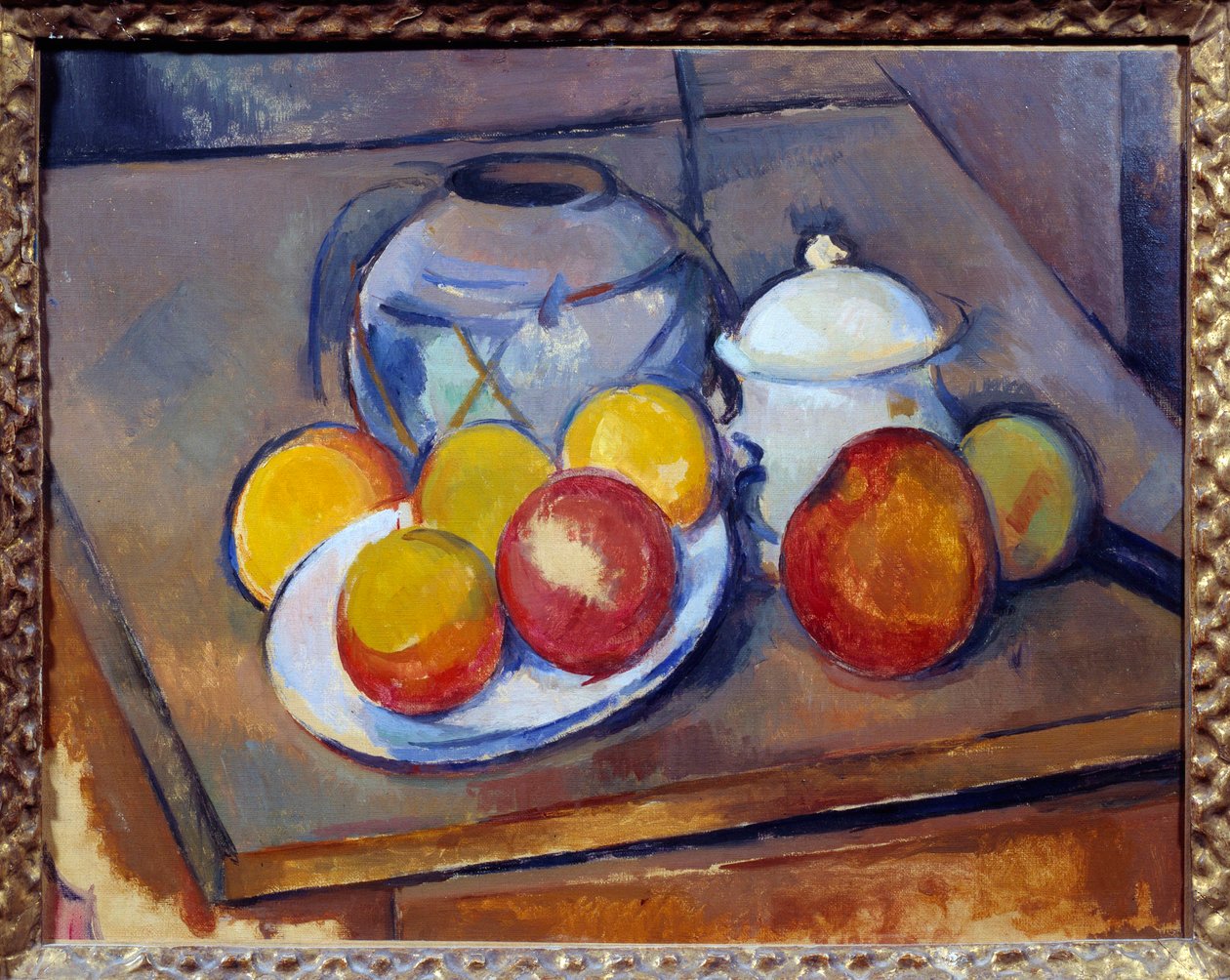 Vaas stro, suikerpot en appels door Paul Cézanne