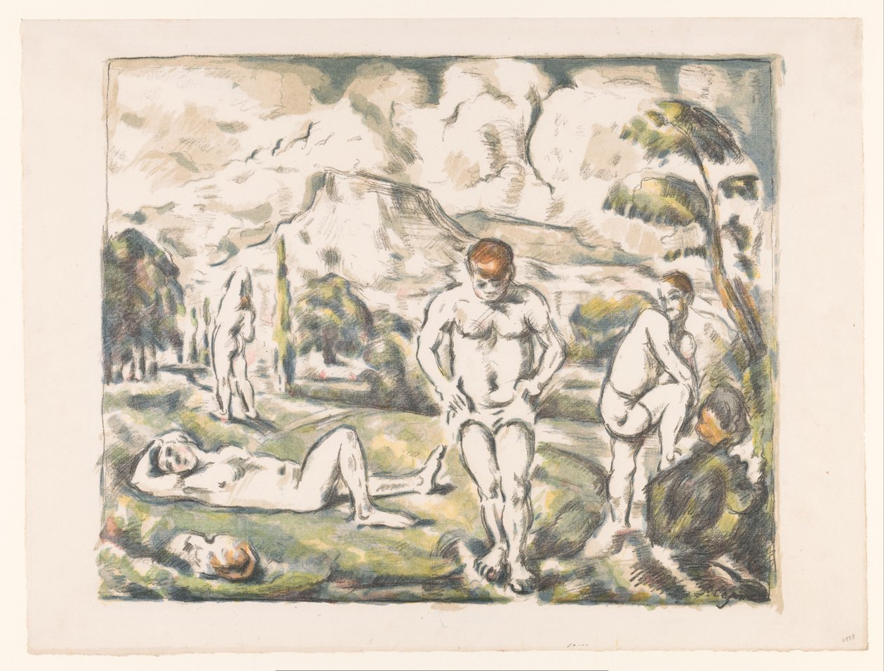 Badende mannen in een heuvellandschap door Paul Cézanne