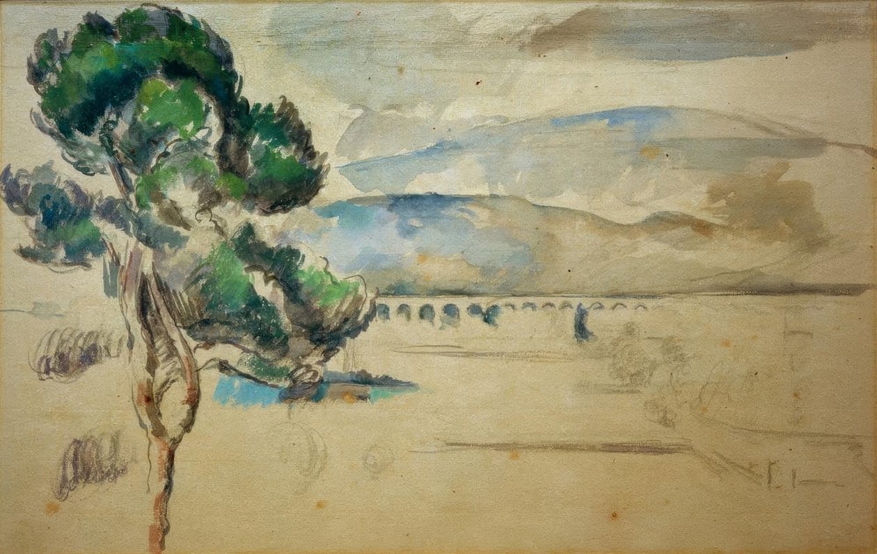 De vallei van de Arc met viaduct en een pijnboom door Paul Cézanne