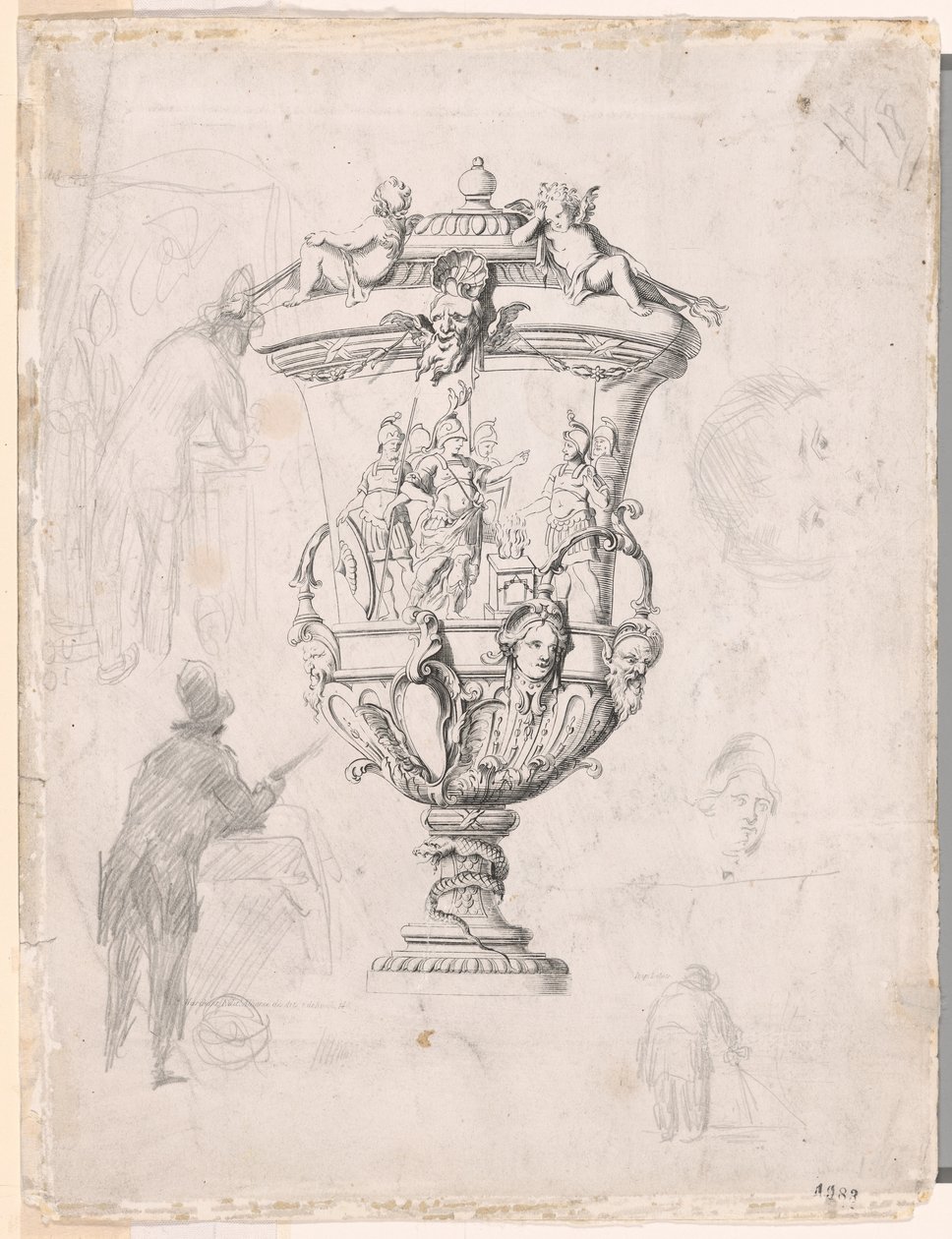 Figurenstudies Rond een Gravure van een Sierlijke Vaas door Paul Cézanne