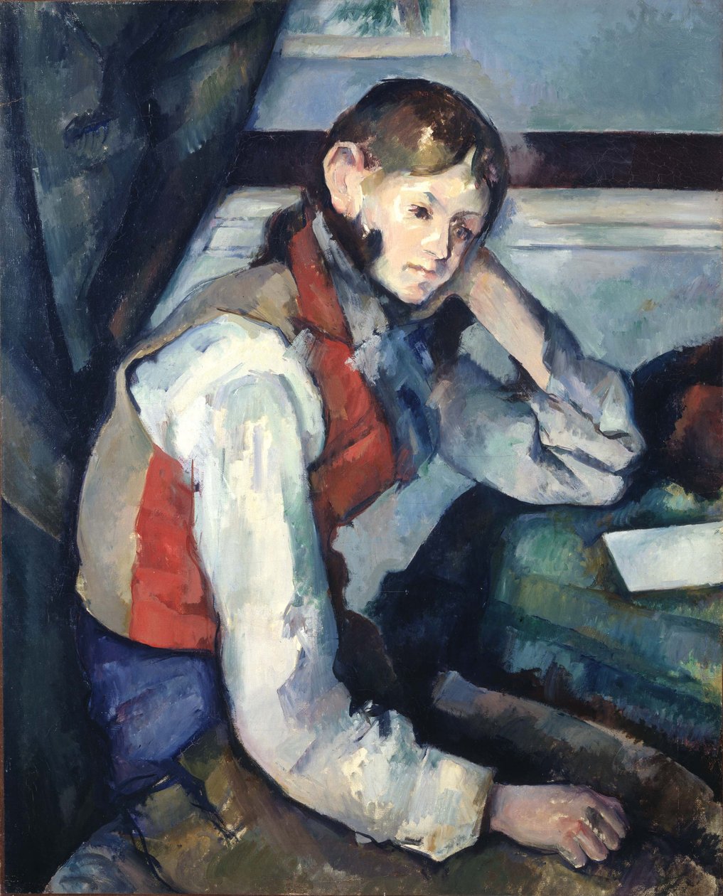 Duits: Le Garçon au gilet rouge De jongen in het rode vest door Paul Cézanne