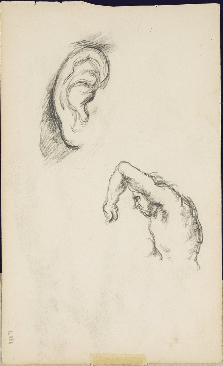 Studies naar Luca Signorelli: een oor en een figuur van een man door Paul Cézanne