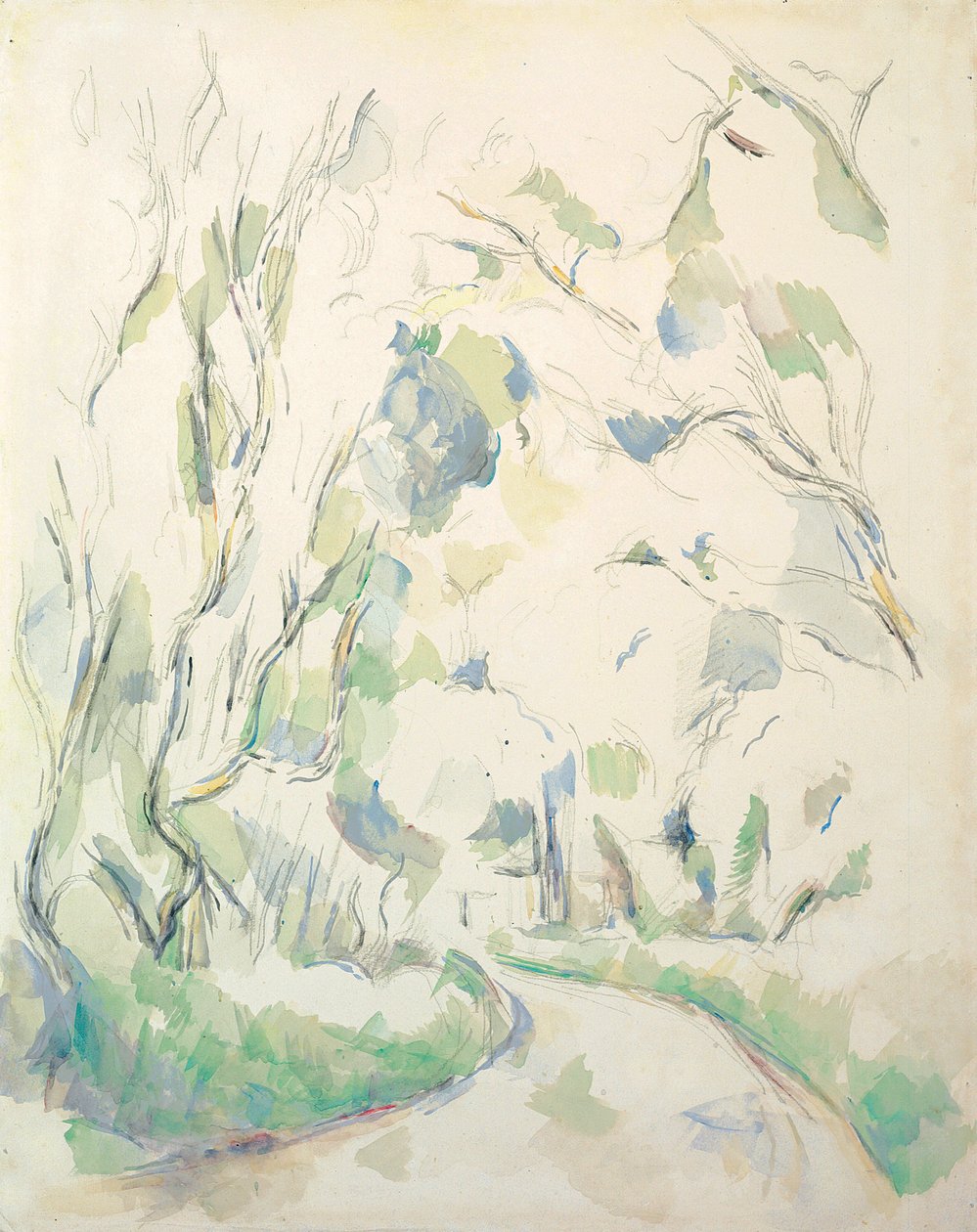 Wells en een kronkelend pad in het Chateau Noir park; Puits et route tournante dans le parc de Chateau Noir, ca. 1900 door Paul Cézanne
