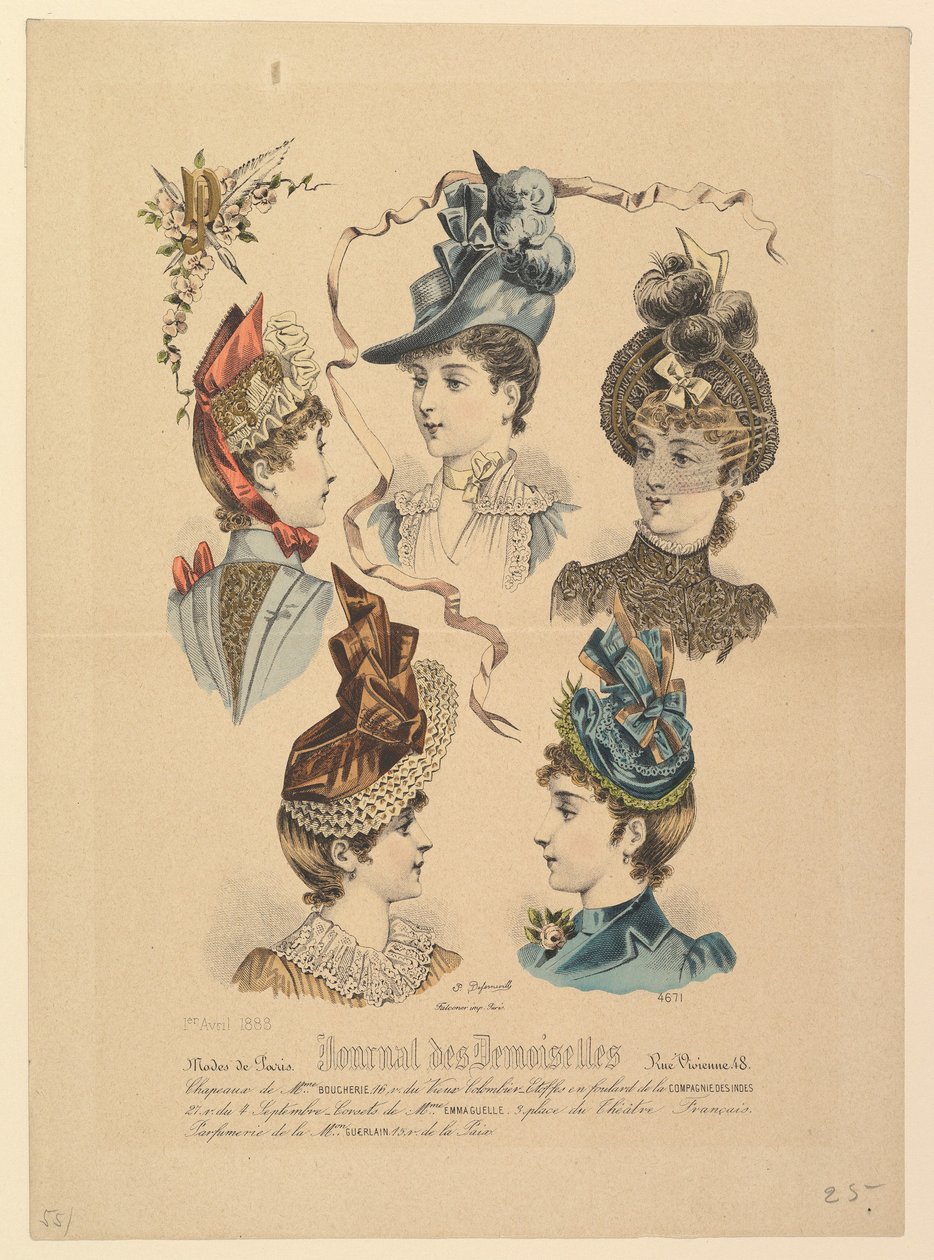 Dameshoeden, nr. 4671, uit Journal des Demoiselles, 1 april 1888 door Paul Deferneville