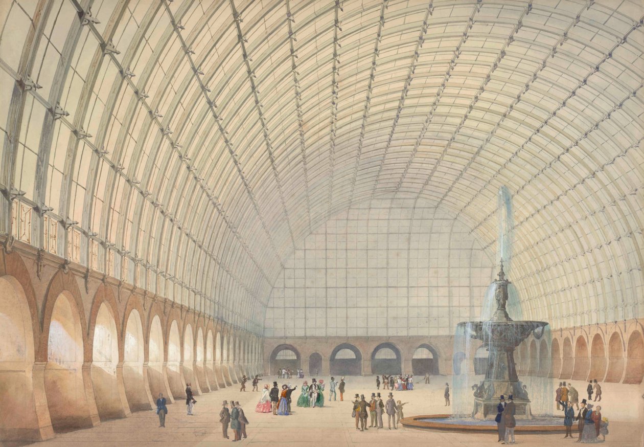 Ontwerp voor een oefen- en industrietentoonstellingshal in Wenen, perspectivisch interieurzicht door Paul Eduard Sprenger