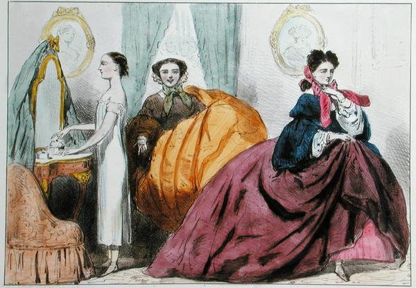 Cartoon die de mode van de crinoline satiriseert, ca. 1860 door Paul Emile Detouche