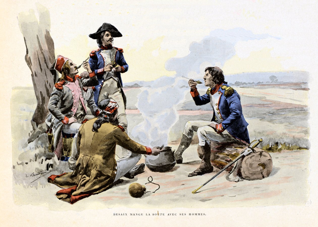 Louis Charles Antoine Desaix de Veygoux (1768-1800) eet soep met zijn mannen - Illustratie door Emile Boutigny (1853-1929) In Hoche-Marceau-Desaix door Theodore Cahu (1854-1928) - Privécollectie - Louis Charles Antoine Desaix de Veygoux (1768-1800) eet door Paul Émile Boutigny
