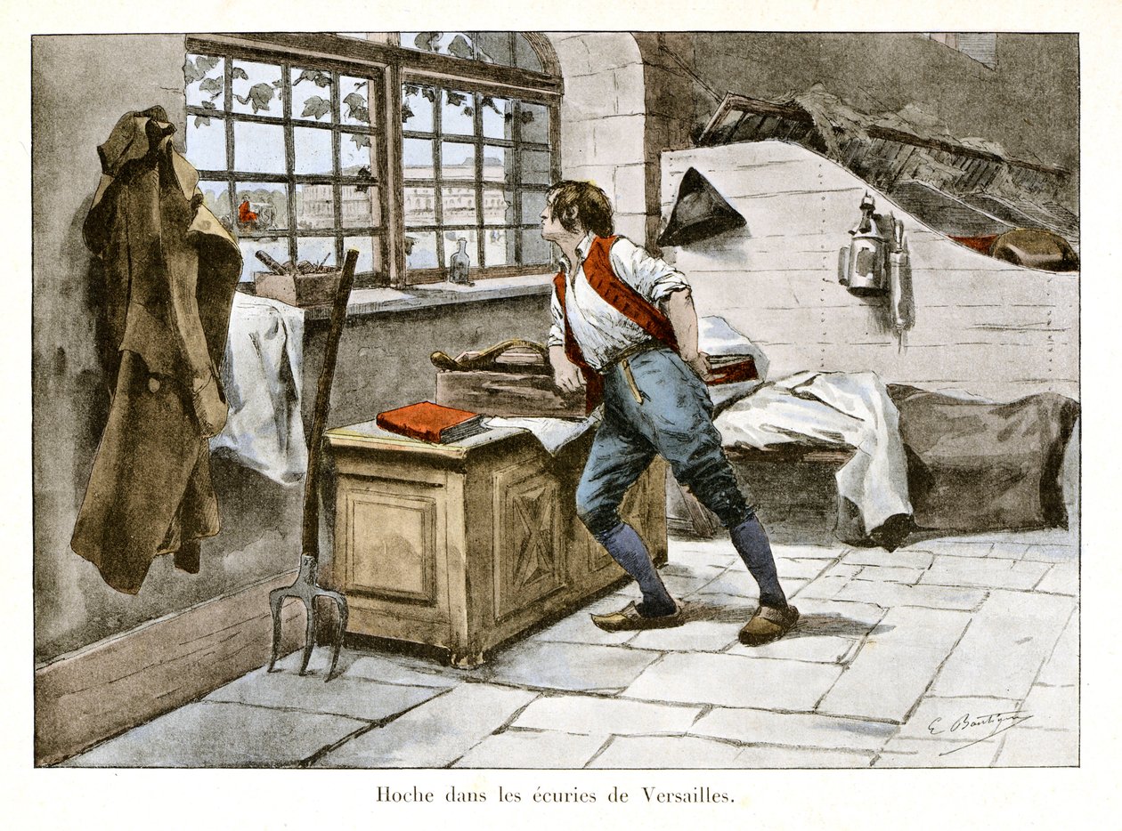 Rumoer in de stallen van Versailles: Lazare Hoche (1768-1797) trad op 14-jarige leeftijd toe tot de koninklijke stallen als boventallig assistent - Illustratie door Emile Boutigny (1853-1929) In 