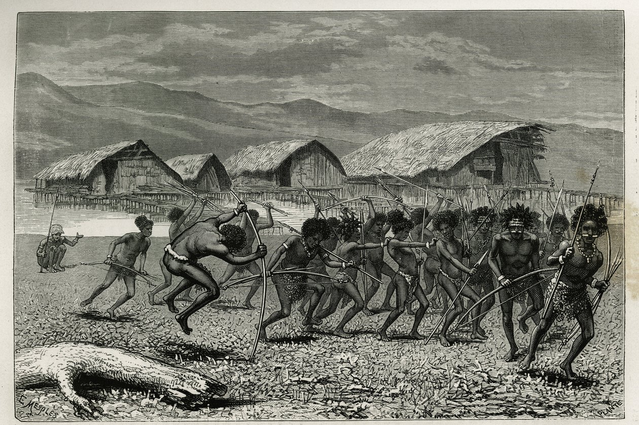 Afdaling van de Papoea Arfaks krijgers in Dorey (Nieuw West-Guinee), gravure door E.Mesples, ter illustratie van de reis naar Nieuw-Guinee door Achille Raffray, belast met een wetenschappelijke missie door het Ministerie van Openbaar Onderwijs, 1876-1877,  door Paul Eugene (after) Mesples