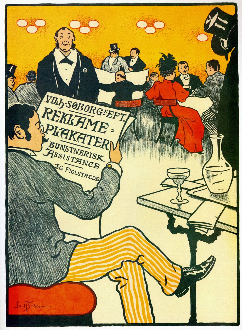 Reclameposter voor een drukkerij met een barscène door Paul Fischer