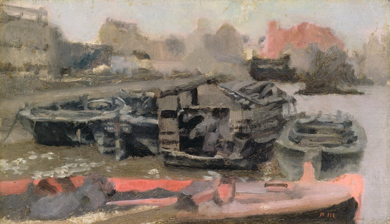 Boten aangemeerd op de Theems door Paul Fordyce Maitland