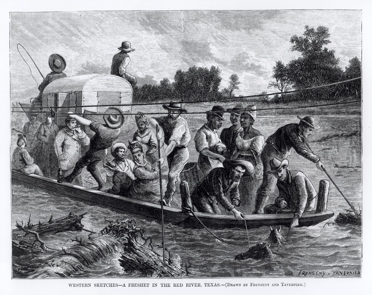Westerse schetsen, een overstroming in de Red River, Texas, illustratie uit 