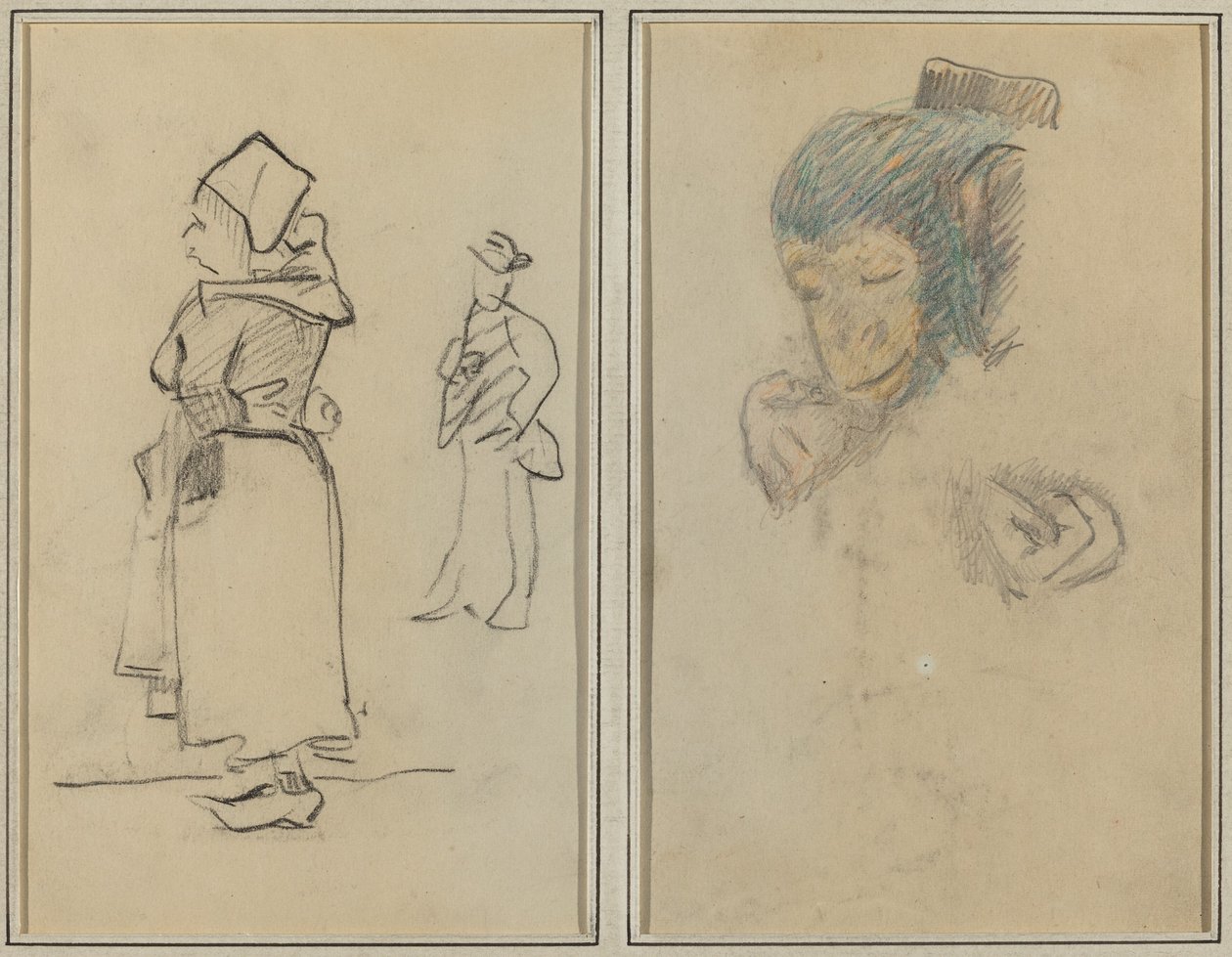 Een Bretonse vrouw en een staande man; hoofd en hand van een aap door Paul Gauguin