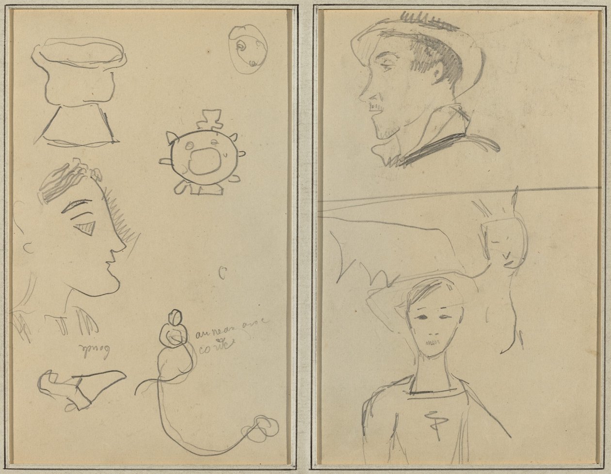 Een karikatuur en vijf vormen; een man in profiel, een gevleugeld wezen en een jongen [verso] door Paul Gauguin