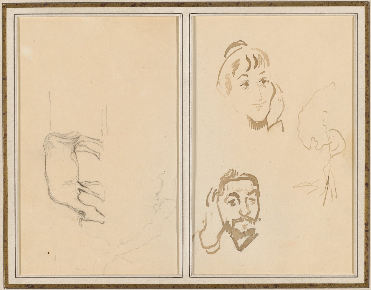 Een grazende koe; hoofd van een vrouw met haar hand op haar wang, en hoofd van een man met zijn hand op zijn oor [verso] door Paul Gauguin