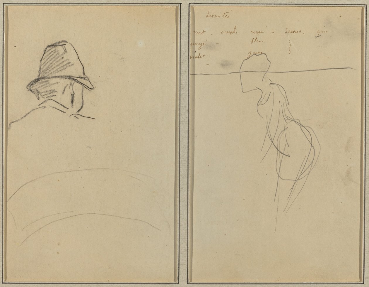 Een Hoofd van een Man met Hoed, Gezien van Achteren; Een Staande Vrouw [recto] door Paul Gauguin