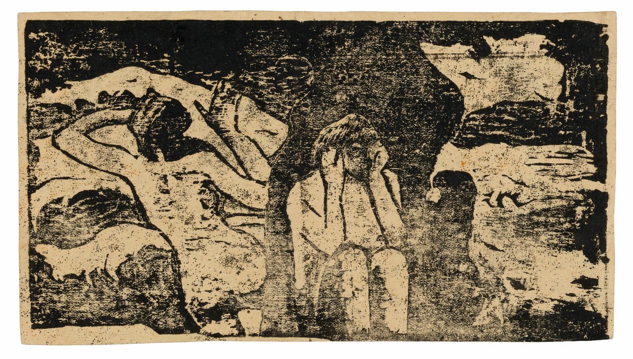 Bij de Zwarte Rotsen, uit de reeks late houtblokdrukken door Paul Gauguin