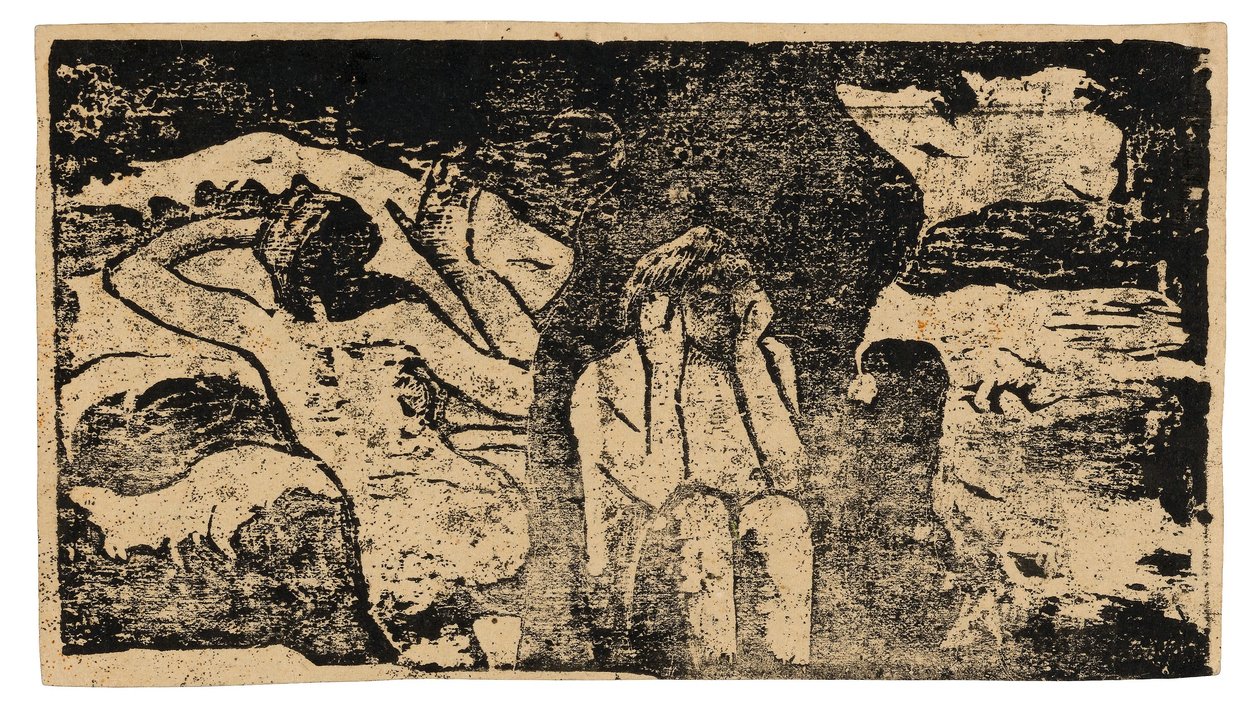 Bij de zwarte rotsen, uit de reeks late houtsneden door Paul Gauguin