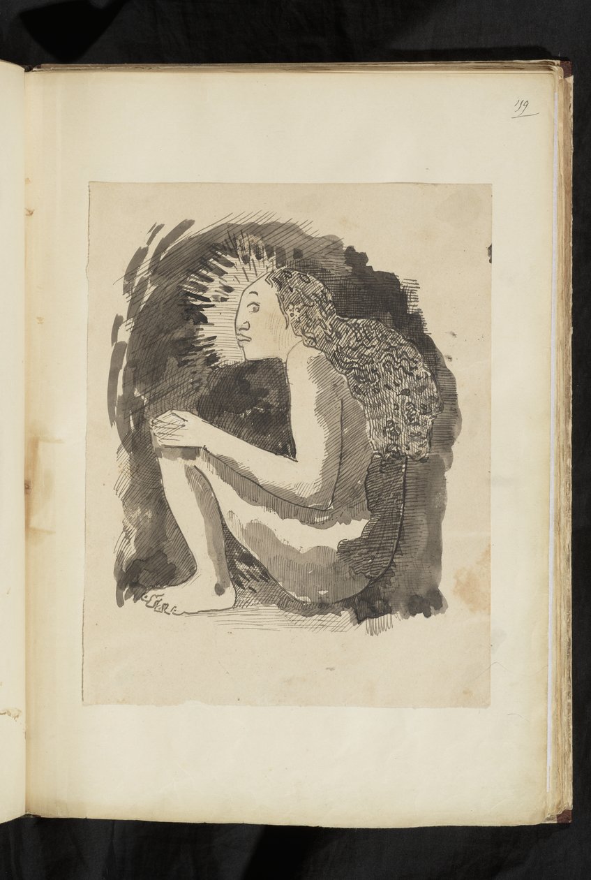 Voor en na - tekening van een naakte inheemse vrouw zittend, in profiel, haar knieën opgetrokken door Paul Gauguin