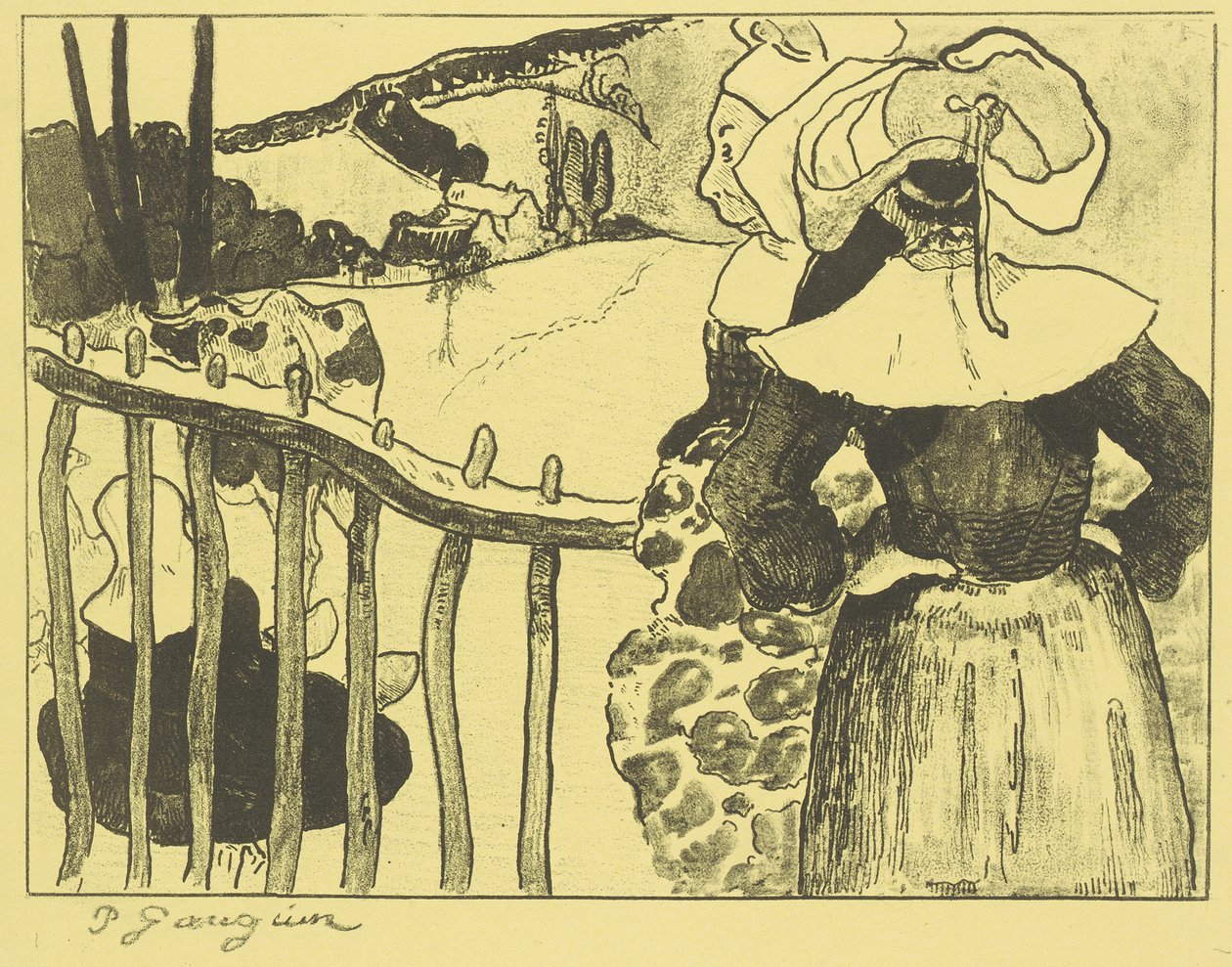 Bretonische Frauen neben einem Zaun door Paul Gauguin
