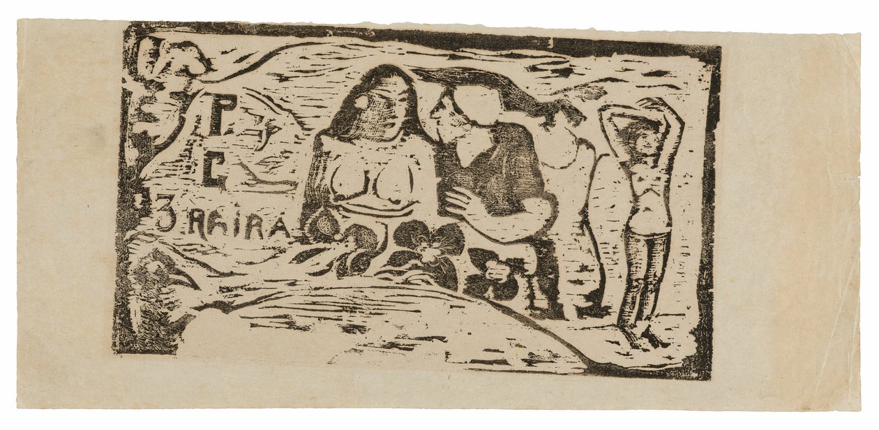 Buste van een naakte vrouw en driekwart figuur van een man met een witte pet in profiel, derde kleine figuur uiterst rechts, kopstuk voor Le sourire door Paul Gauguin