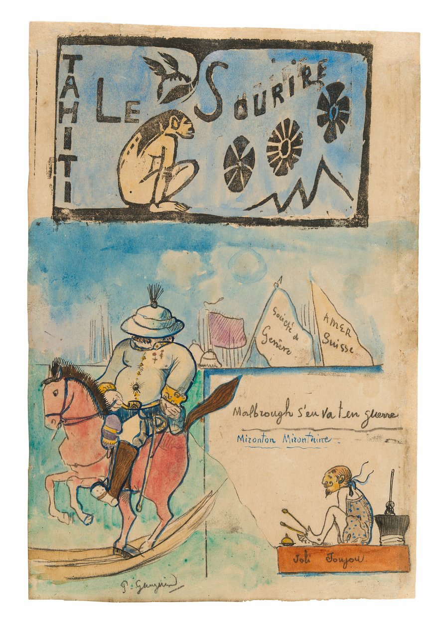 Karikaturen van Gauguin en Gouverneur Gallet, met kopstuk uit Le sourire door Paul Gauguin