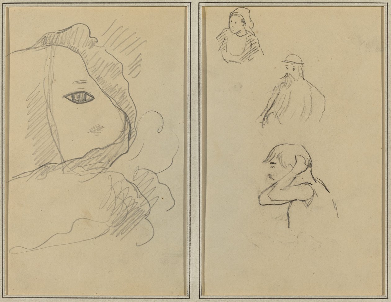 Oog en deel van gezicht; Een Bretonse vrouw en twee mannen [recto] door Paul Gauguin