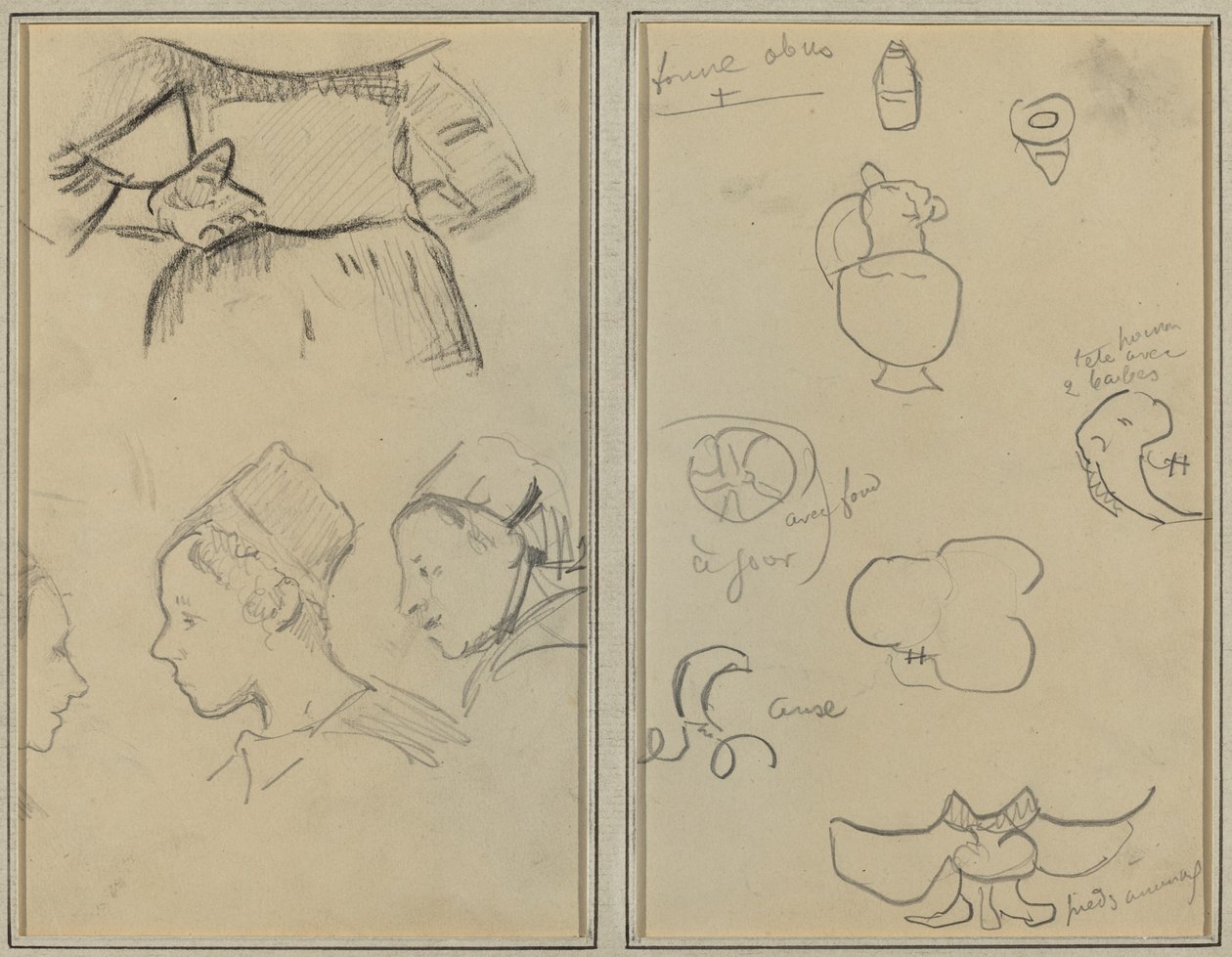 Vier studies van Bretonse vrouwen; vormen en vazen [verso] door Paul Gauguin