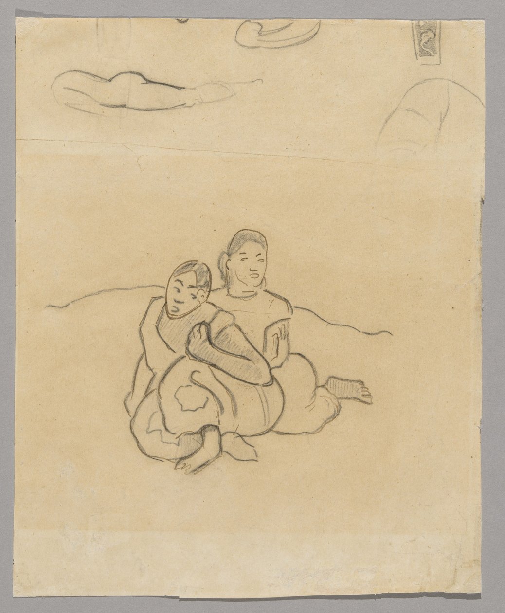 Fragmenten van lichamen, een decoratief ontwerp en twee gehurkte Tahitiaanse vrouwen in een landschap gerelateerd aan Nafea Faaipoipo door Paul Gauguin