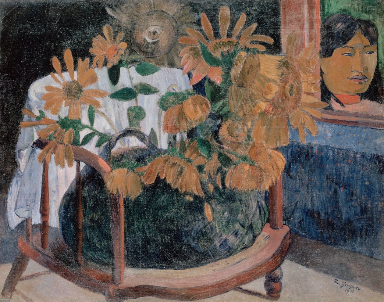 Frans: Nature morte avec des tournesols sur un fauteuil (II) Zonnebloemen door Paul Gauguin