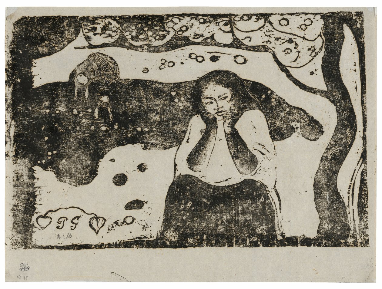 Menselijke ellende, uit de reeks late houtblokprenten door Paul Gauguin