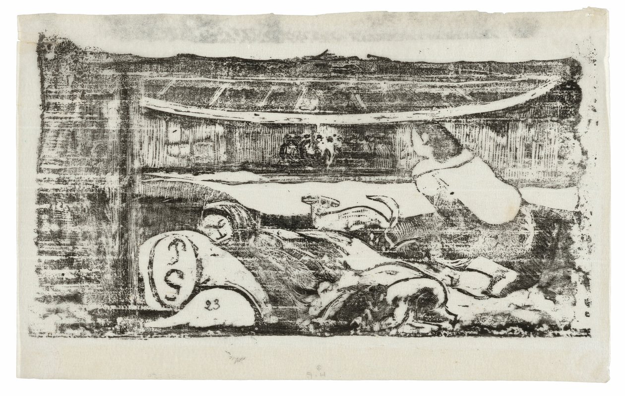 Interieur van een Tahitiaanse hut, uit de Suite van Late Houtsneden door Paul Gauguin