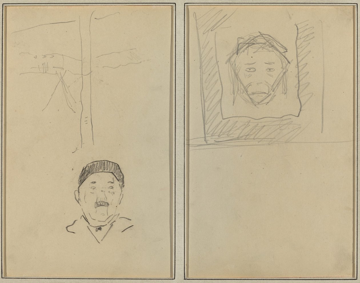Landschap en Hoofd van een Man; Hoofd van een Aap Binnen een Vierkant [recto] door Paul Gauguin