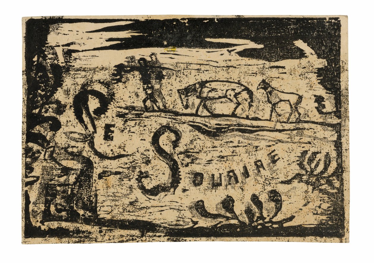 Man die bananen draagt gevolgd door twee paarden, kopstuk voor Le sourire door Paul Gauguin