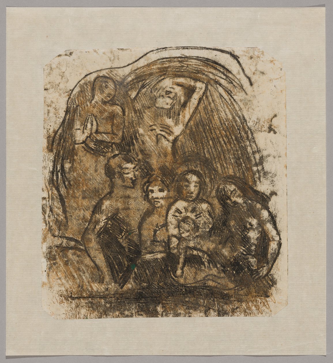 Geboorte (Moeder en kind omringd door vijf figuren) door Paul Gauguin