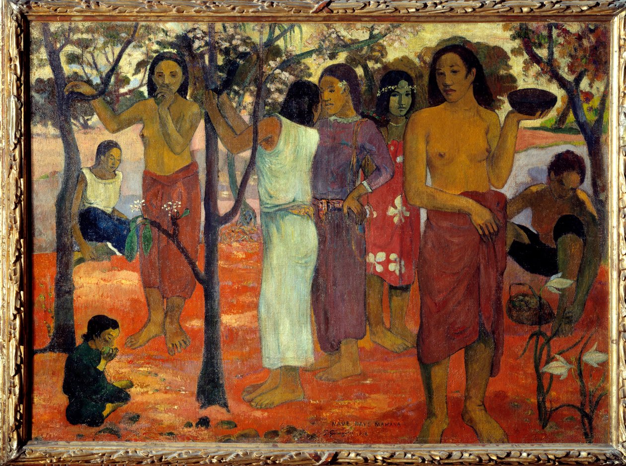 Nave nave mahana (Heerlijke dagen). Tahitiaanse vrouwen in een tuin door Paul Gauguin