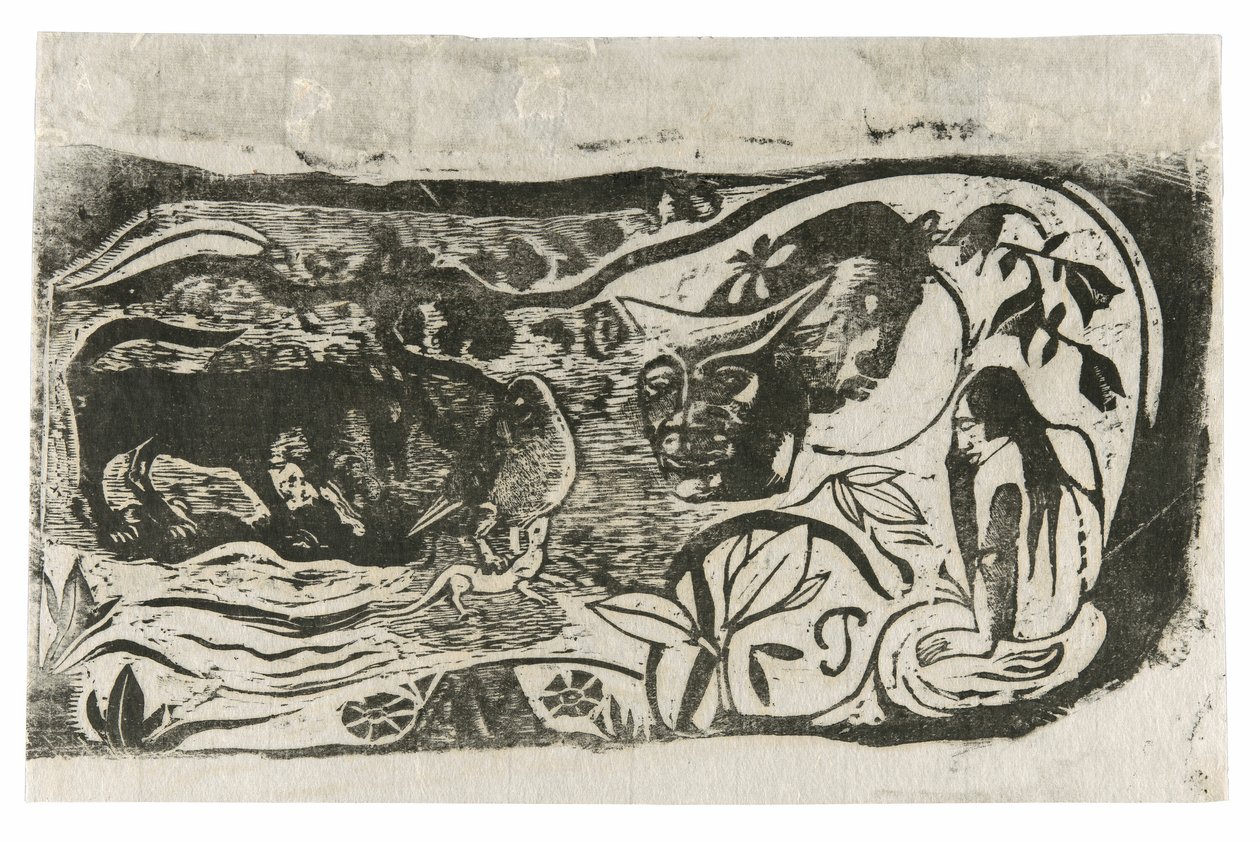 Plaat met het hoofd van een gehoornde duivel, uit de Suite van late houtsneden door Paul Gauguin