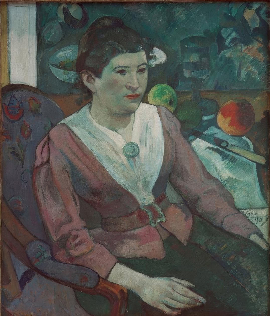 Portret van een vrouw met een stilleven van Cézanne – Marie Derr door Paul Gauguin