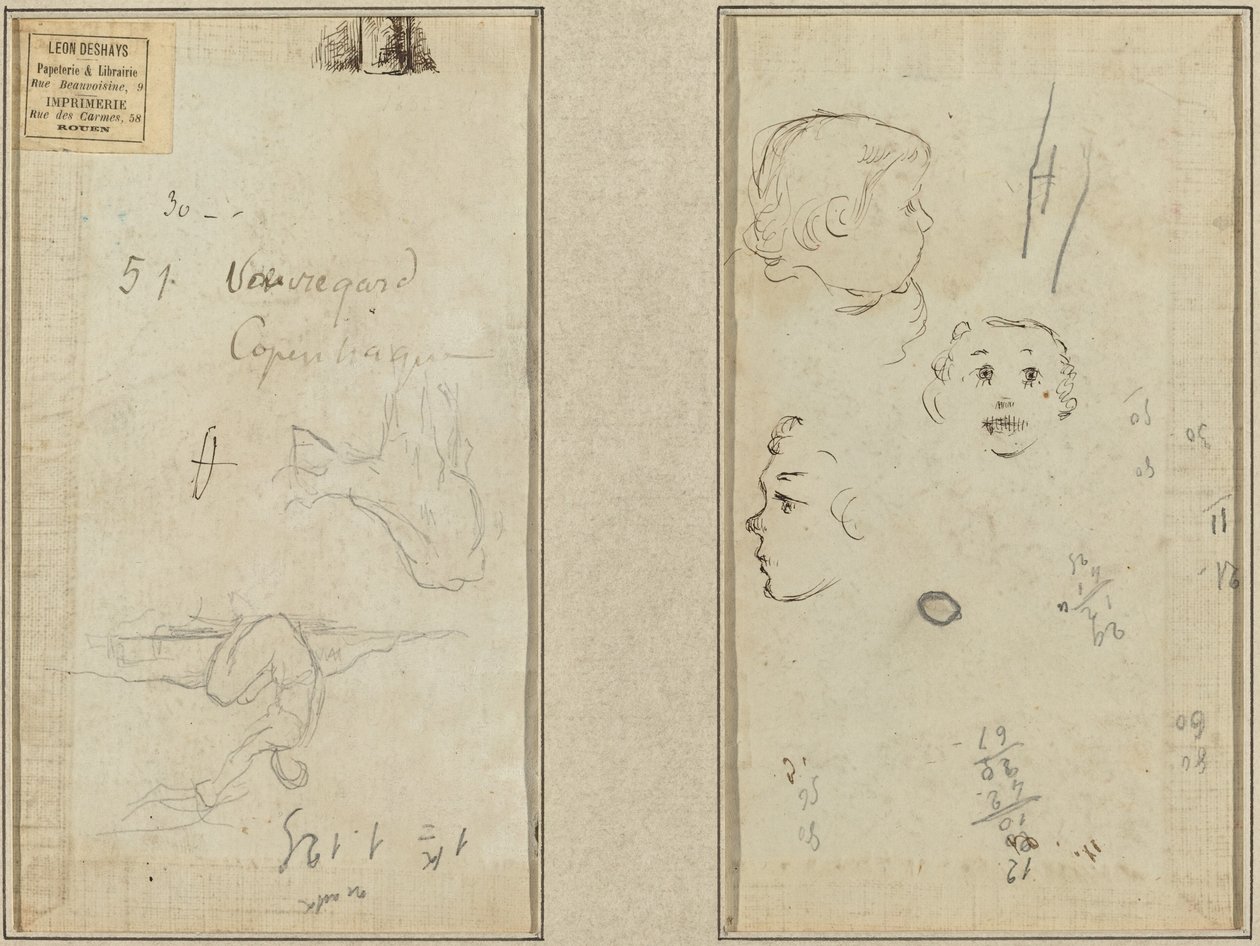 Zittende figuur en een koe; drie studies van een kinderhoofd door Paul Gauguin
