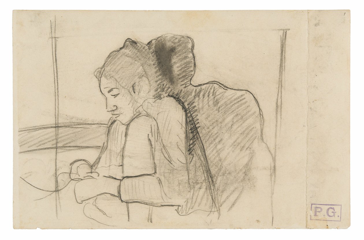 Zittende Tahitiaanse vrouw (recto), schetsen van hanen en kippen (verso) door Paul Gauguin
