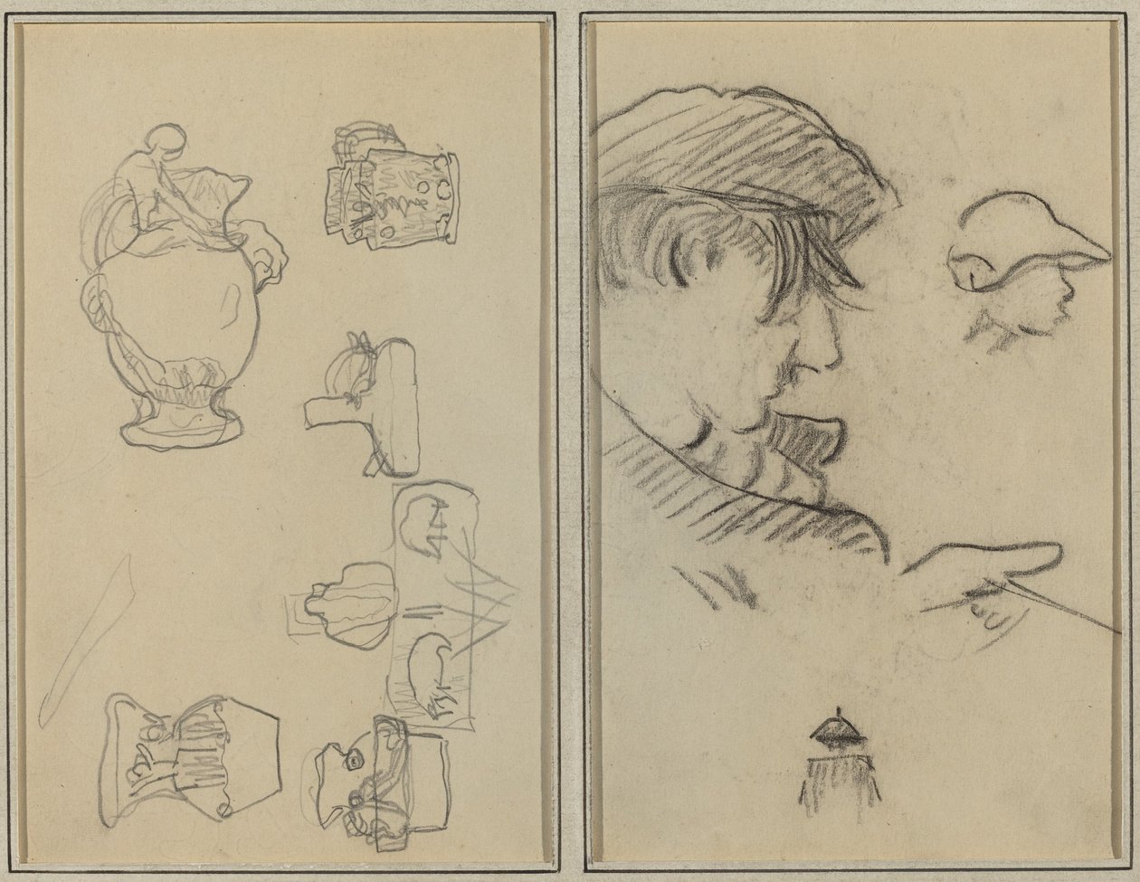Studies van kruiken en vazen; Een man met snor en een jongen met een hoed [recto] door Paul Gauguin