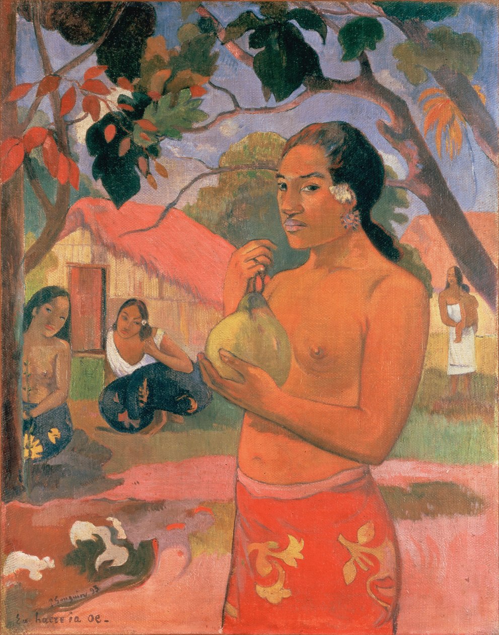 Tahitiaans:  Ea haere ia oe (A haere ia oe) Where Are You Going, of Vrouw die een vrucht vasthoudt door Paul Gauguin