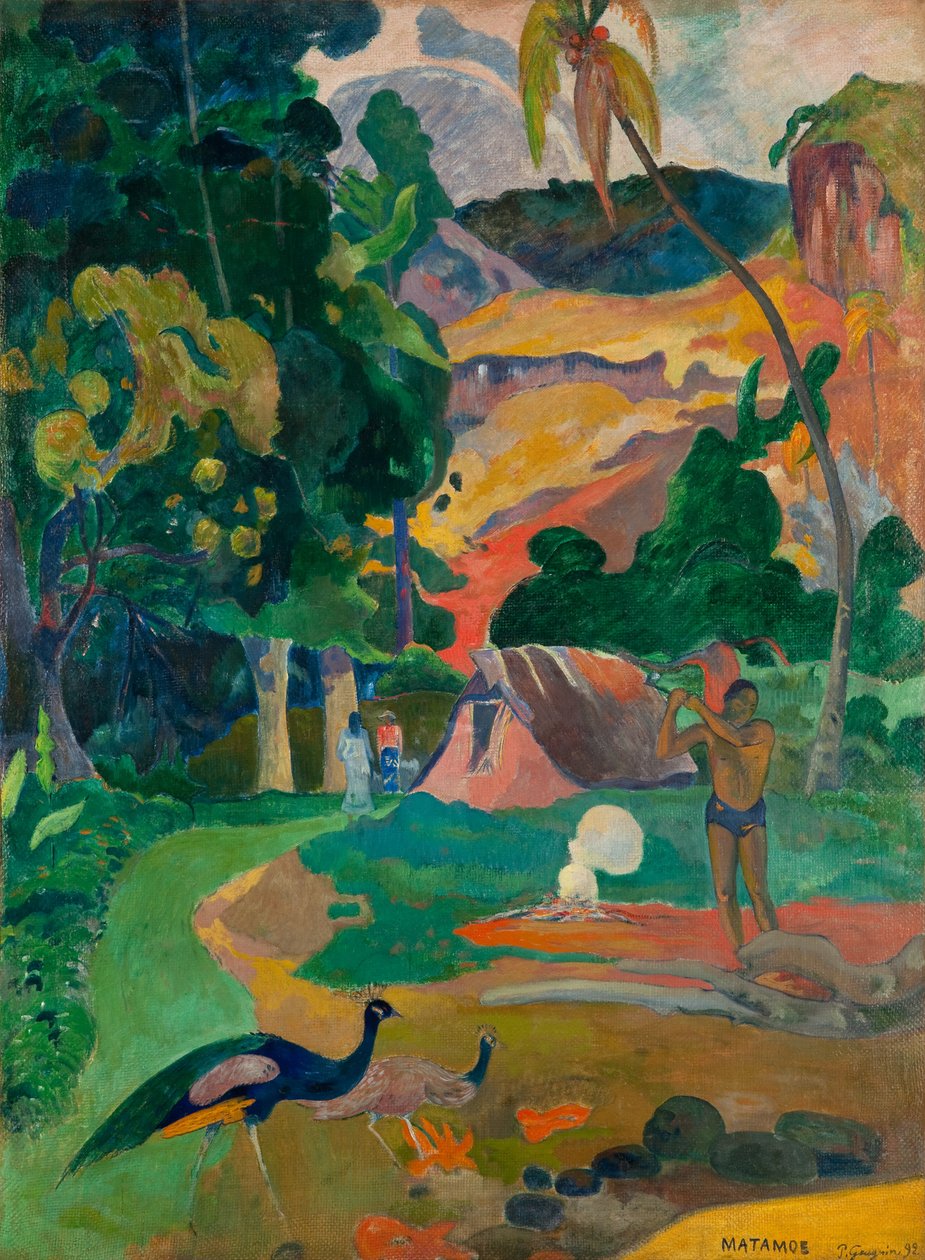 Tahitiaans:  Matamoe Matamoe (Dood), Landschap met pauwen door Paul Gauguin