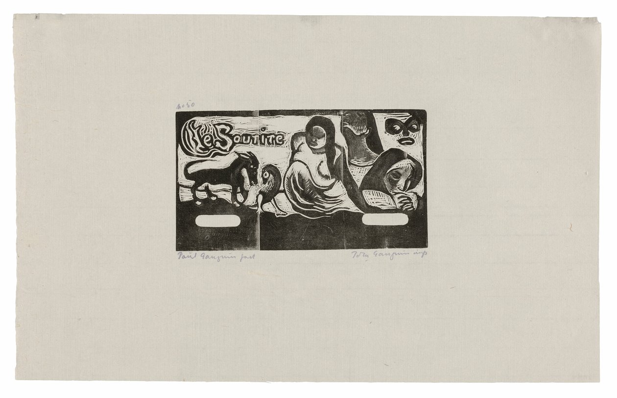 Drie mensen, een masker, een vos en een vogel, kopstuk voor Le sourire door Paul Gauguin