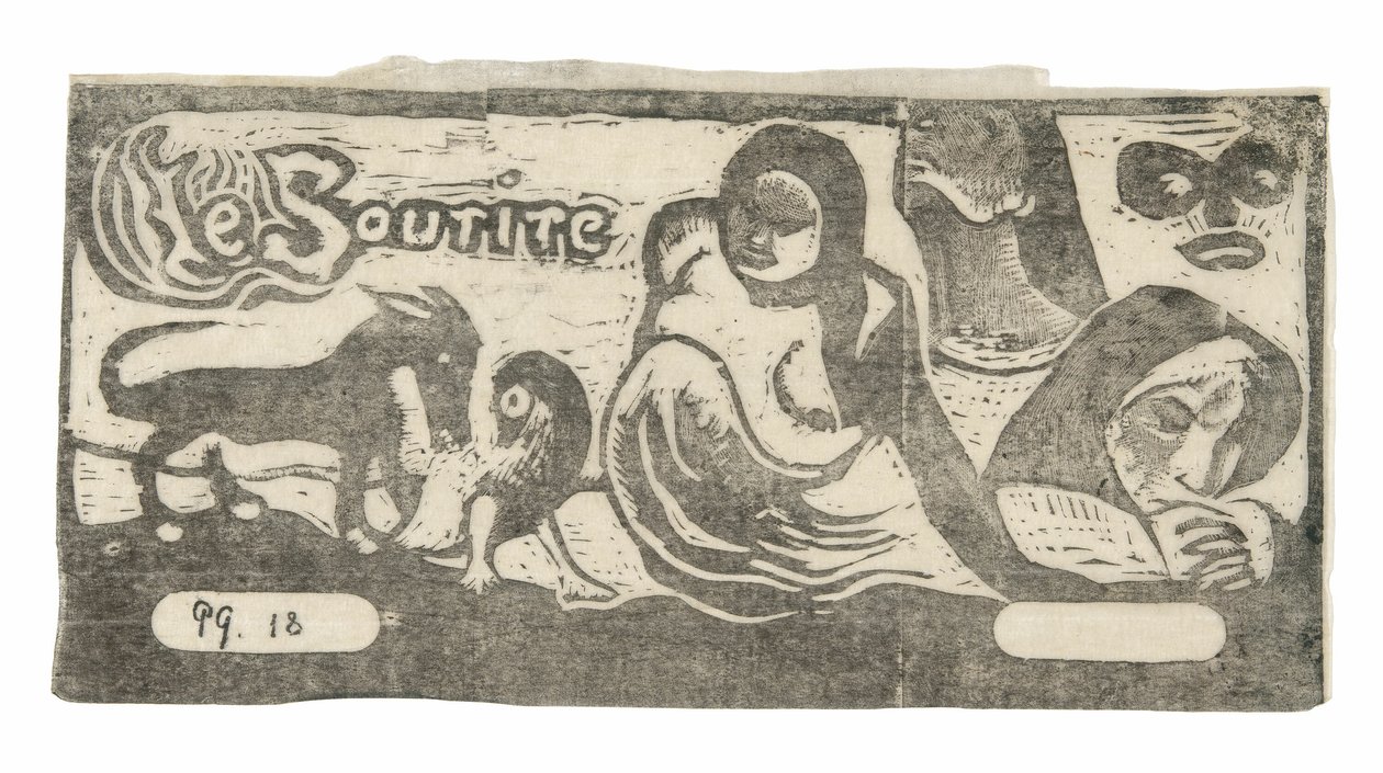 Drie mensen, een masker, een vos en een vogel, kopstuk voor Le sourire door Paul Gauguin