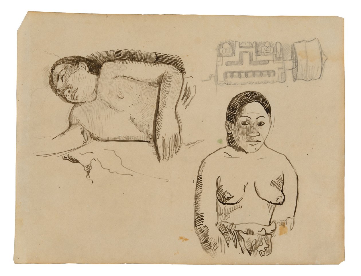 Twee Tahitiaanse Vrouwen en een Marquesaanse Oorplug door Paul Gauguin