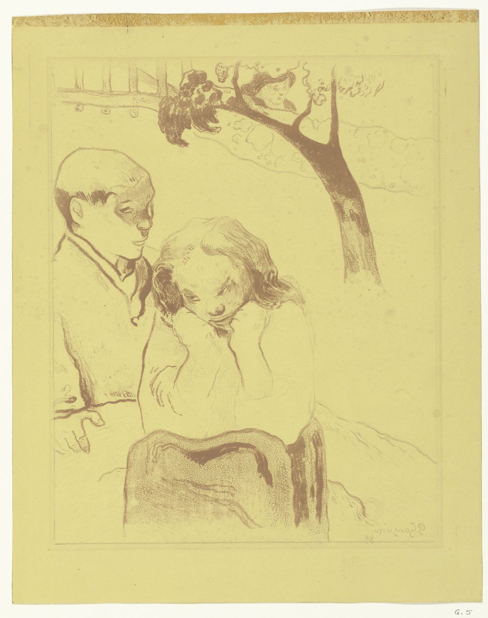Verdrietige vrouw zit bij een man door Paul Gauguin