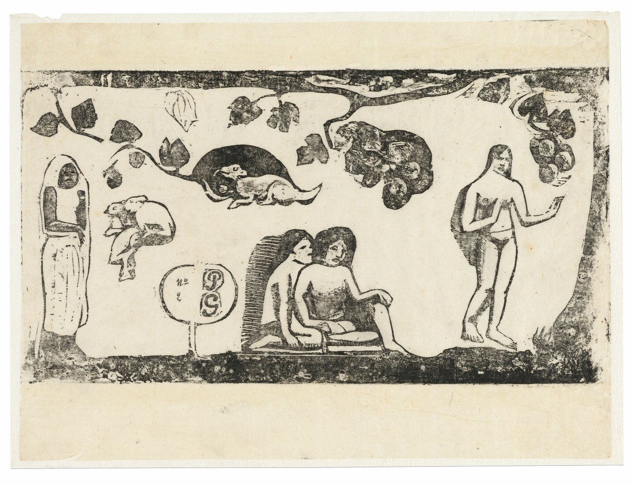 Vrouwen, dieren en gebladerte, uit de Suite van Late Houtsneden door Paul Gauguin