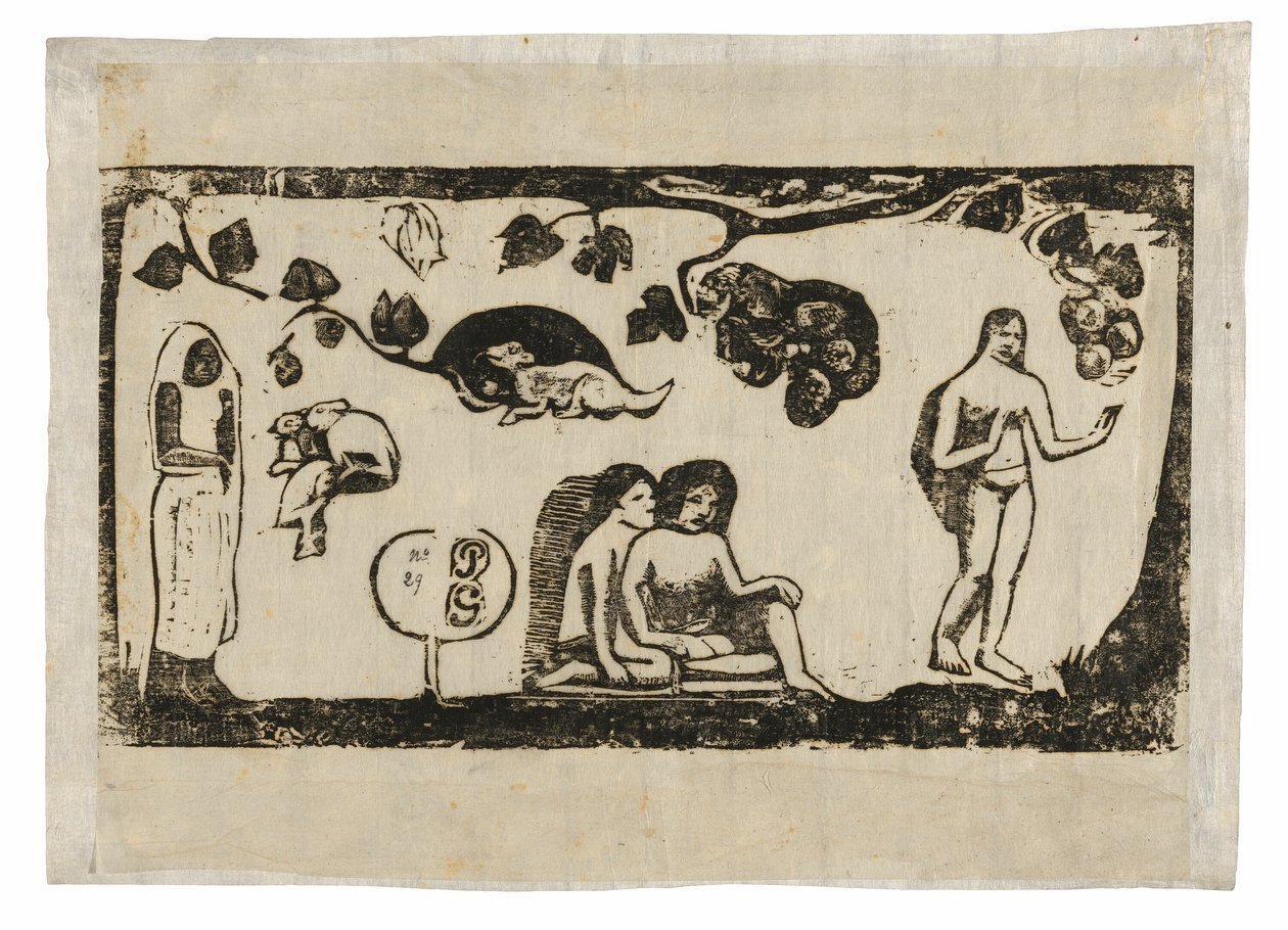 Vrouwen, dieren en bladeren uit de reeks late houtblokprenten door Paul Gauguin